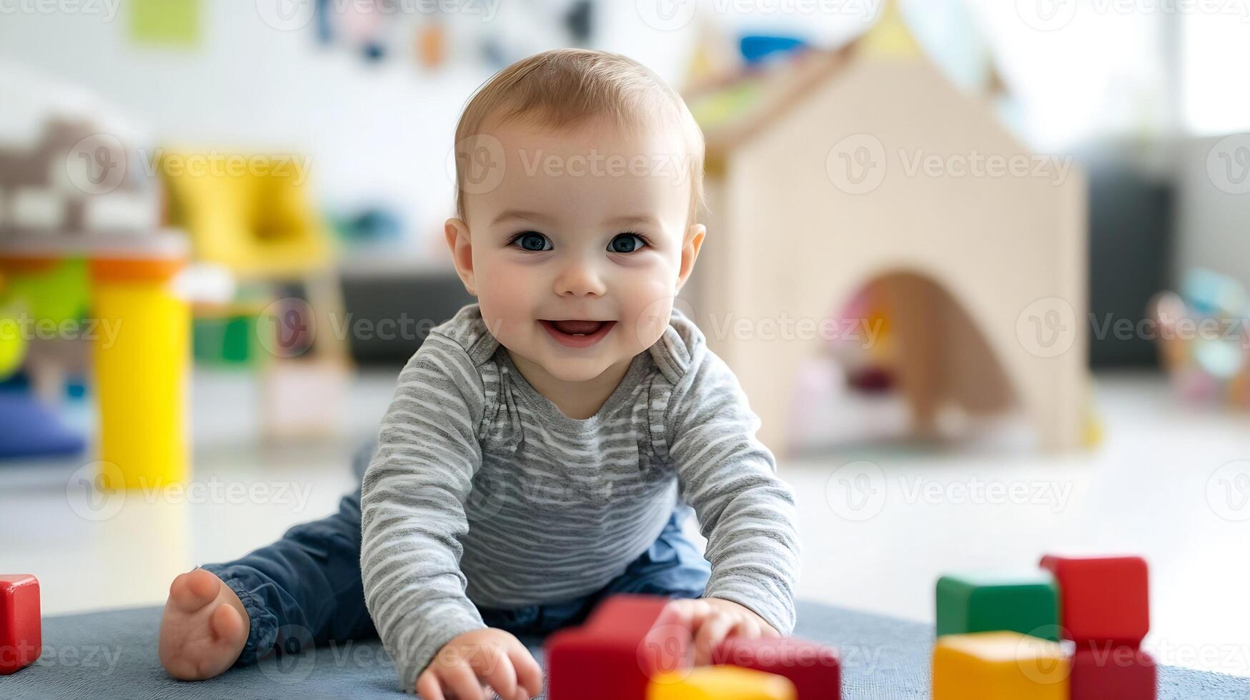 Joyful Baby Playing with Colorful Blocks in Bright and Cheerful Playroom Environment photo