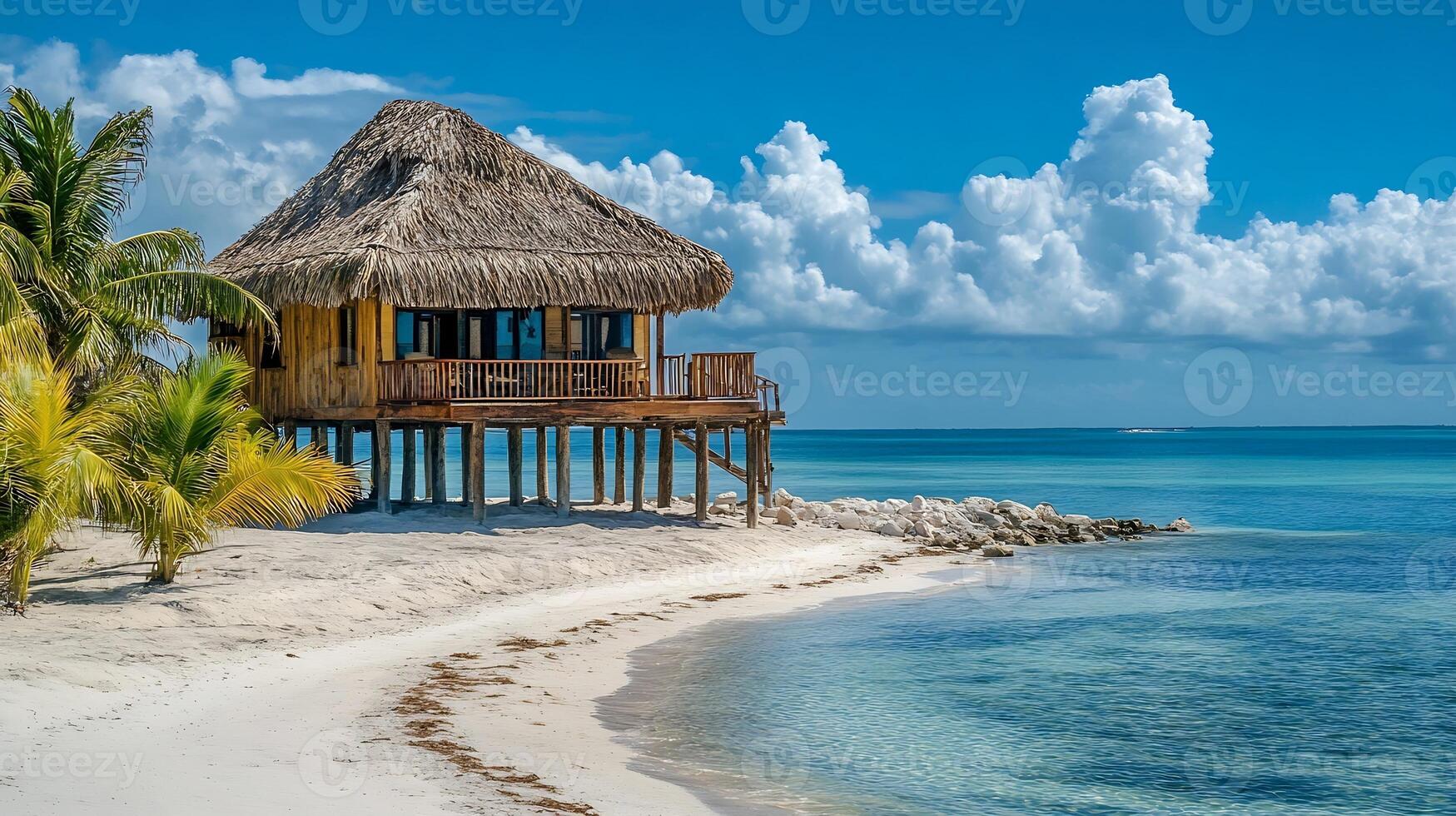 Idyllic Oceanfront Tropical Hut with Palm Trees and Pristine Beach photo