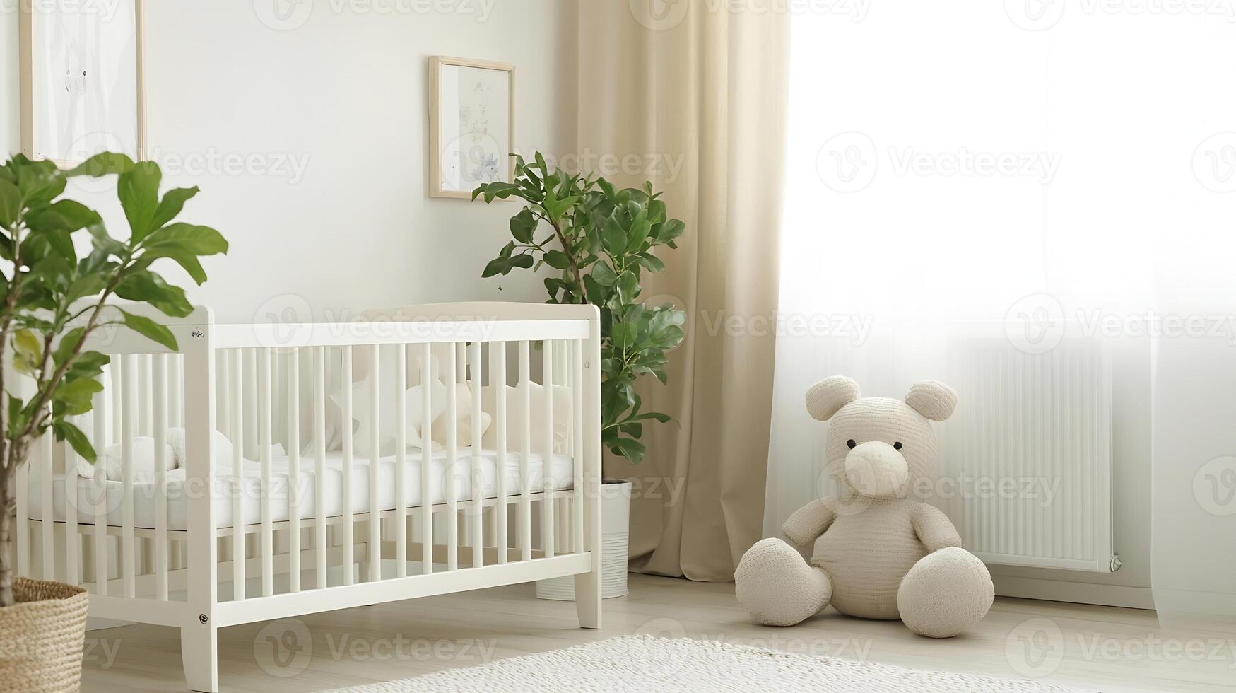 Minimalistic Nursery with Plush Teddy and Elegant Green Plants photo