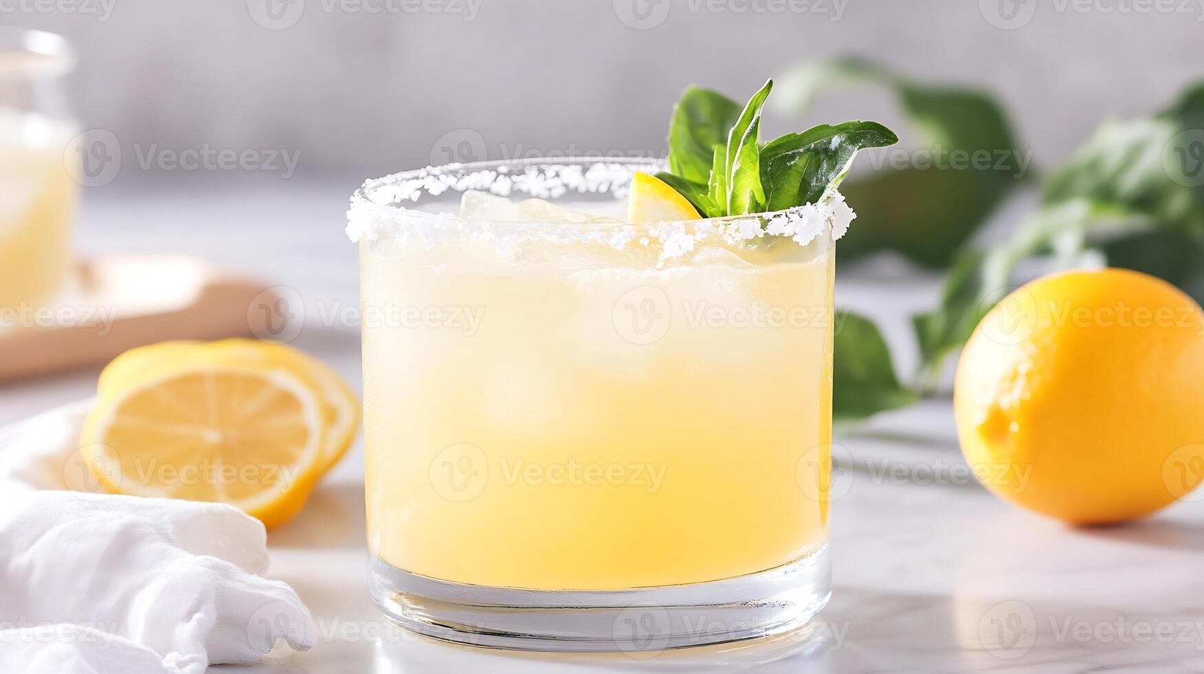 Zesty Lemon Cocktail with Fresh Basil Garnish and Salted Rim on Marble Surface photo
