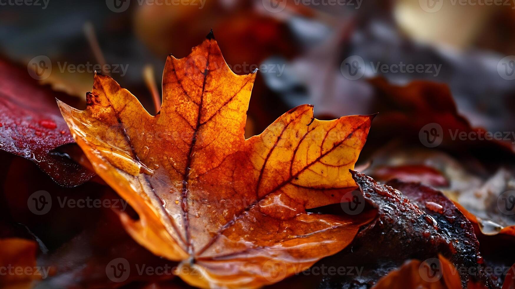 Vibrant Autumn Maple Leaf on Glowing Forest Floor Capturing the Essence of Fall Season photo
