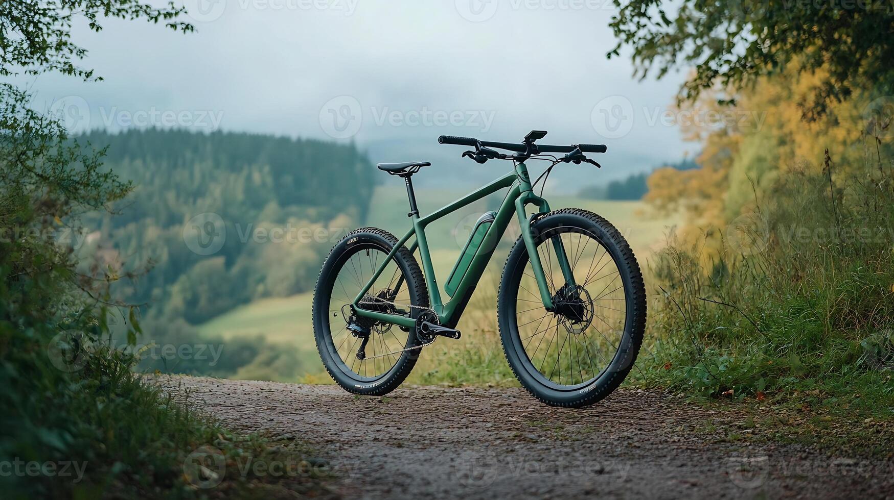 Scenic View of Electric Mountain Bike on Forest Trail with Lush Greenery and Hills in Background photo
