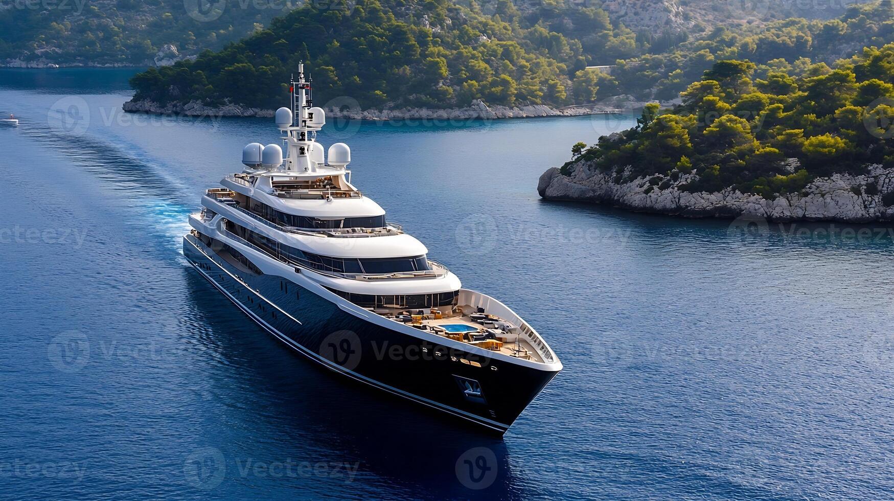 Luxurious Yacht Navigating Pristine Blue Waters with Lush Green Hills in Background photo