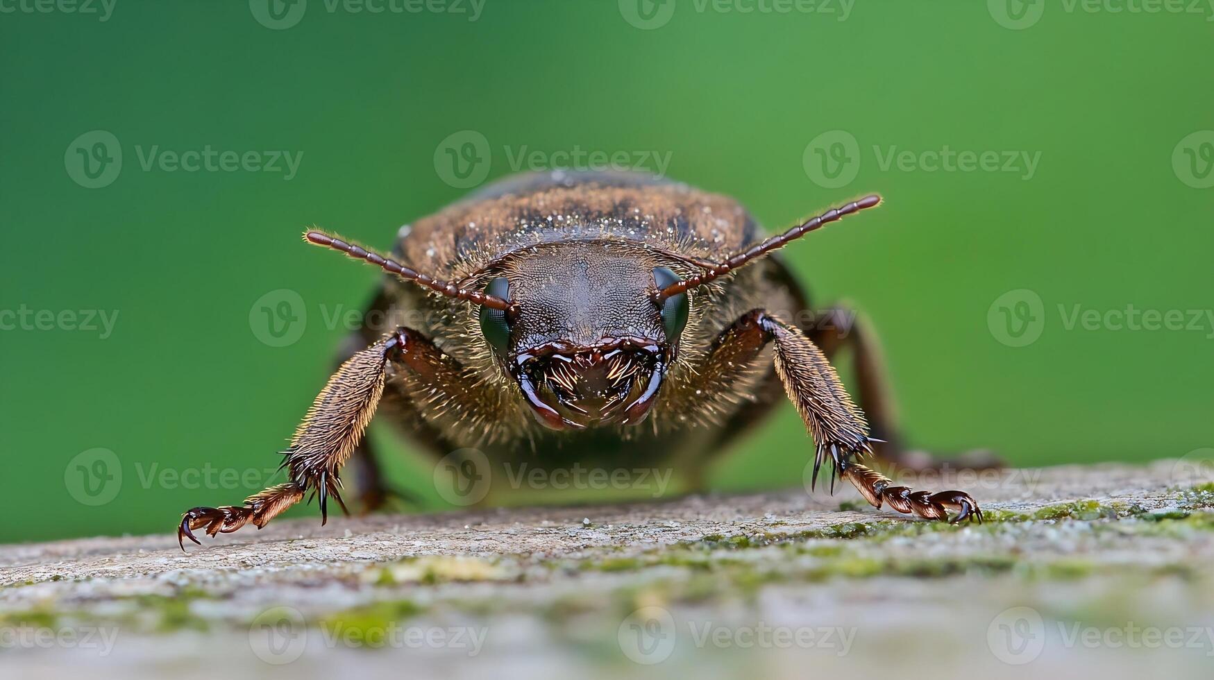 Macro Shot of Brown Beetle Crawling on Bark with Blurred Green Background photo