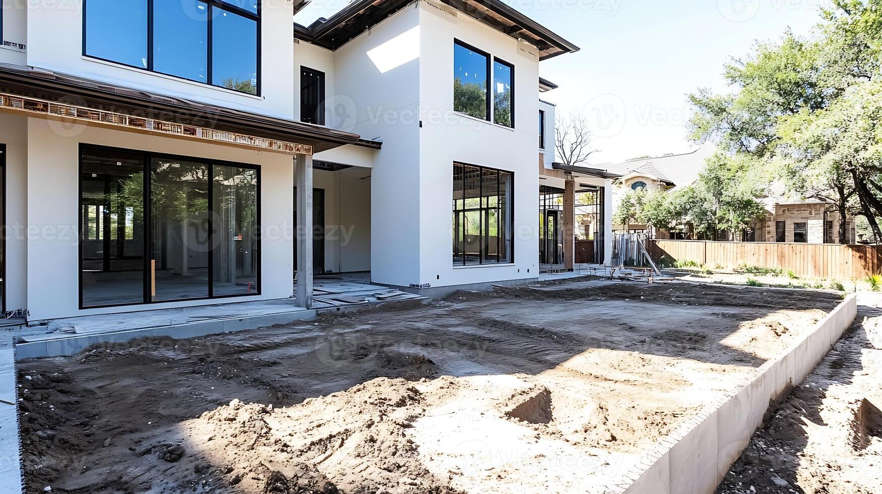 Modern residential house under construction with open floor plans and wooden frame structure photo