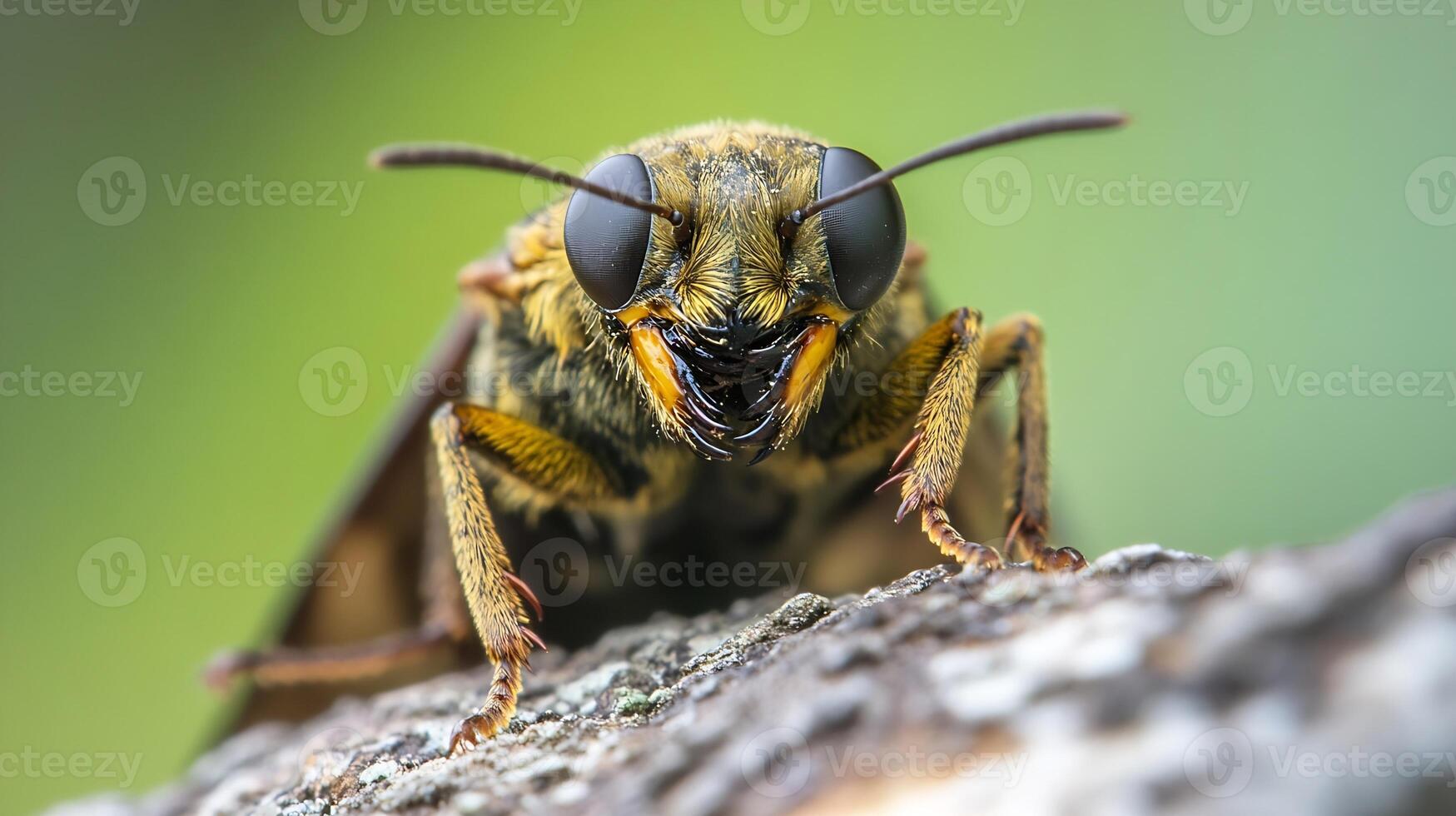 Detailed Macro Shot of Leaf-Cutting Bee on a Bark with Focus on Head and Legs photo