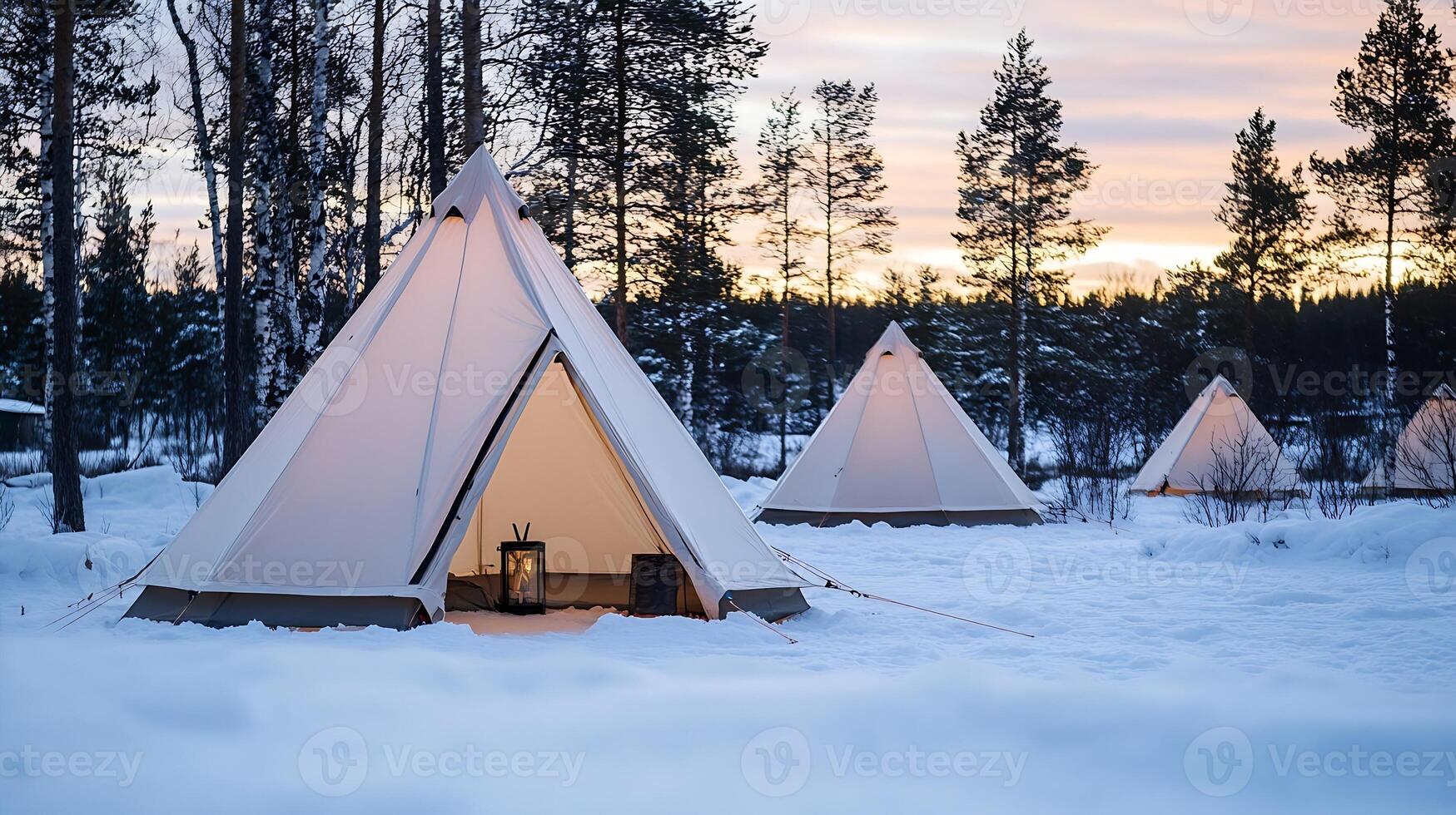 Scenic Winter Landscape with Illuminated Tents Under Twilight Sky in Snowy Forest Campsite photo