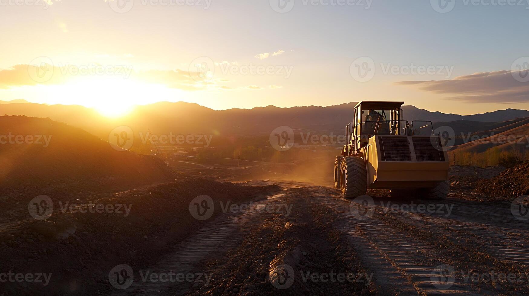 Bulldozer at Construction Site During Sunset with Dusty Path and Scenic Mountain Background photo