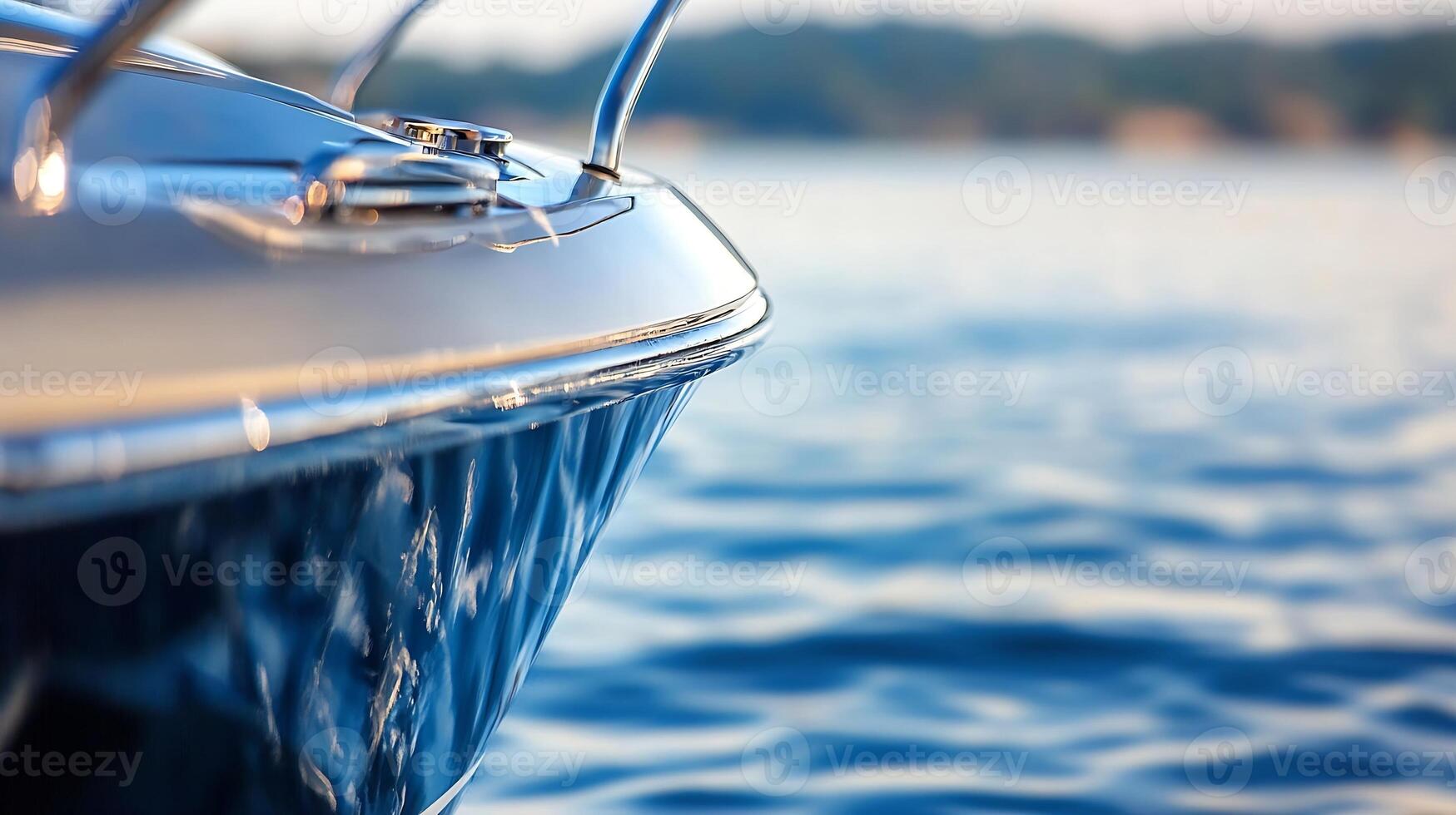 Shiny yacht bow on tranquil azure sea with sunny coastal scenery photo