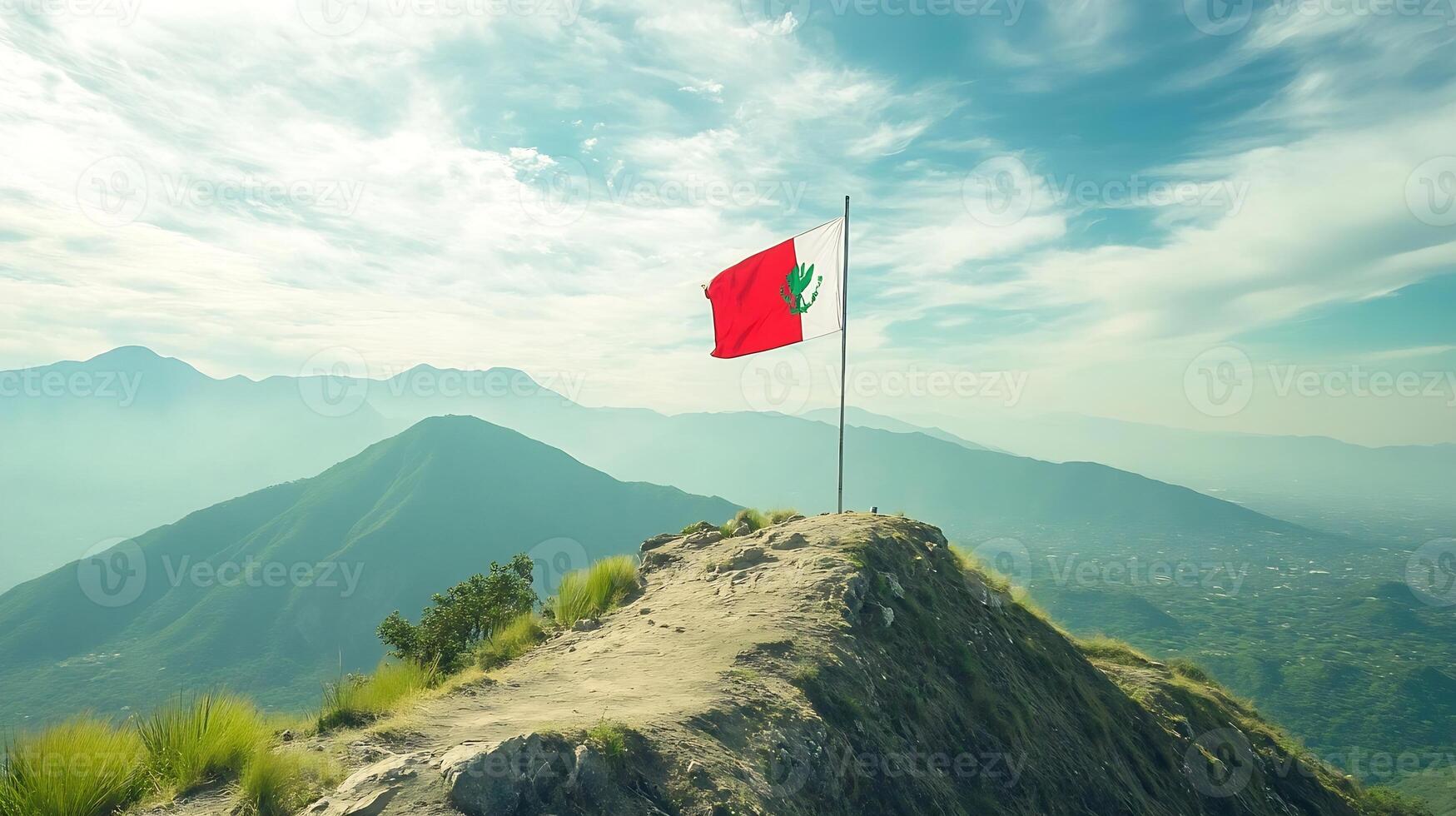 Majestic Mountainous Landscape with Red Flag on High Peak under Blue Sky photo