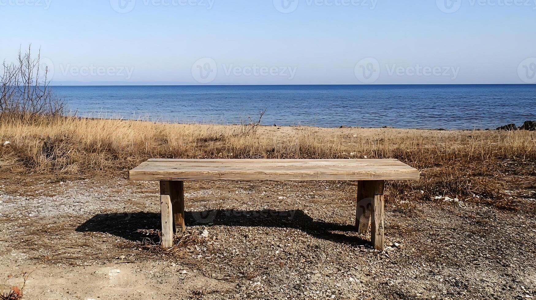 Rustic Bench Overlooking a Quiet Ocean Beach on a Clear Day photo