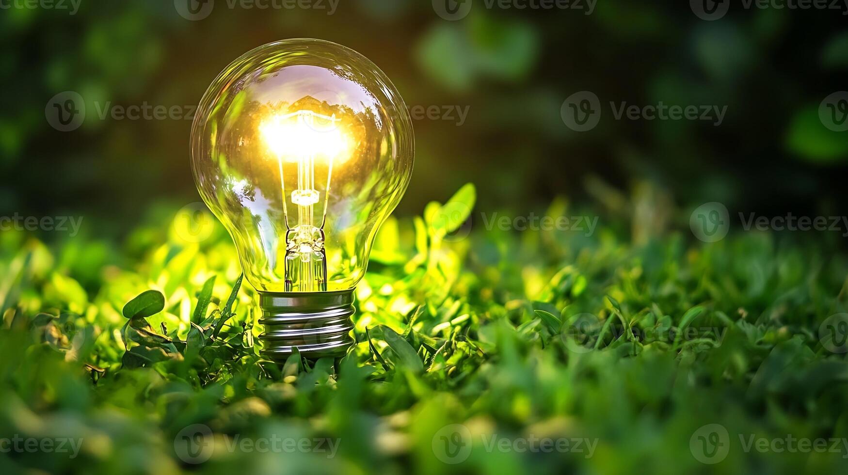 Illuminated Light Bulb Symbolizing Sustainable Energy in a Lush Green Environment photo