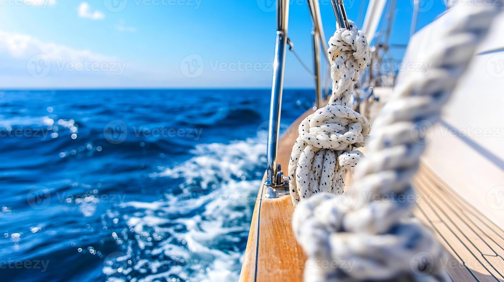 Nautical Adventure on the Open Sea with Sailing Rope in Focus and Blue Ocean photo
