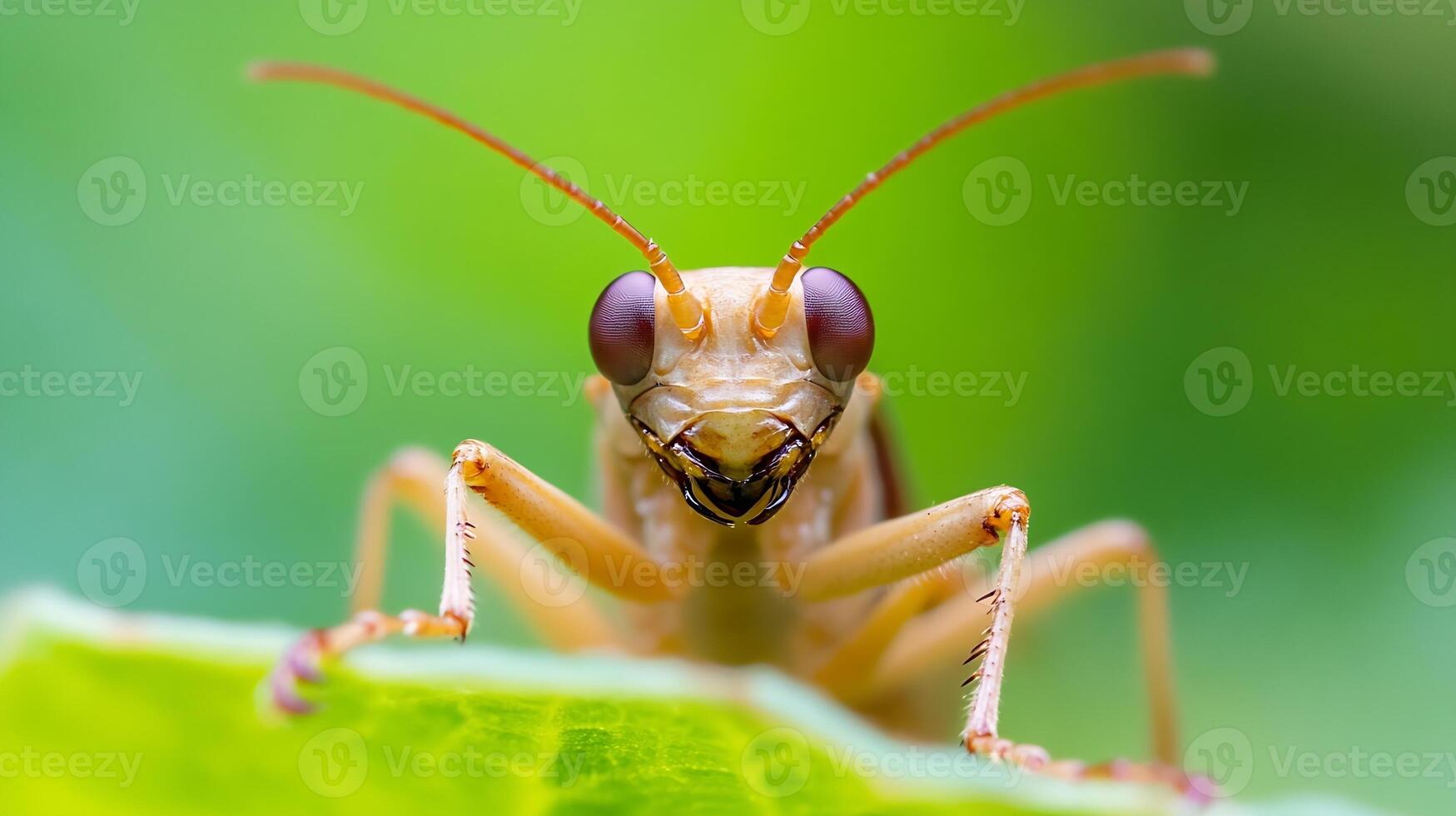 Macro Photo of a Grasshopper on a Leaf in a Vibrant Green Setting
