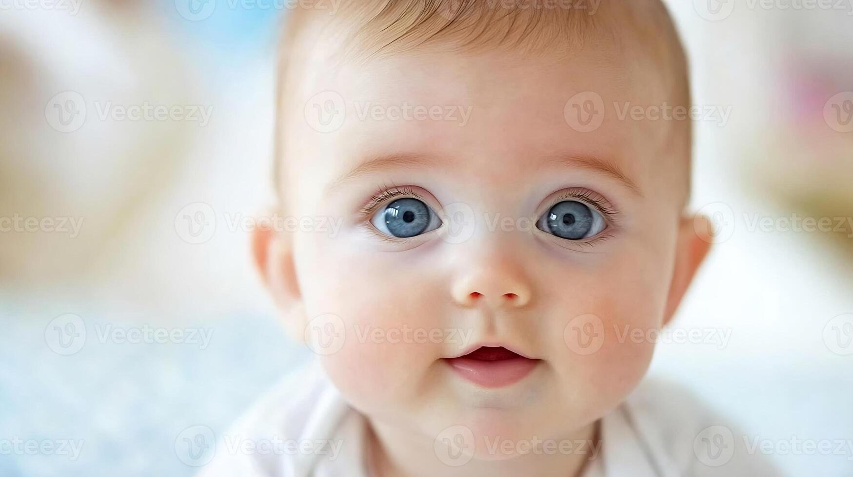 Closeup of Curious Baby with Big Blue Eyes Looking at Camera Intently photo