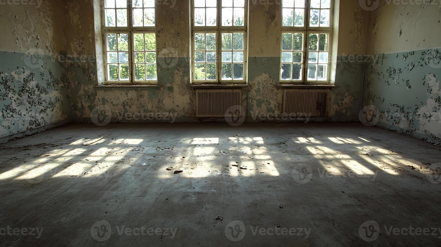 Sunlit abandoned room with peeling walls creating a nostalgic and eerie atmosphere photo