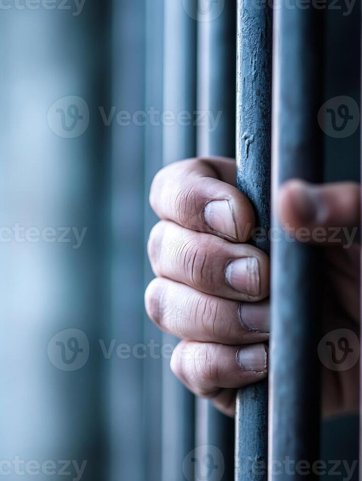 Close-Up of Hand Holding Prison Bars Representing Themes of Confinement Hope and Resilience in Prisons photo