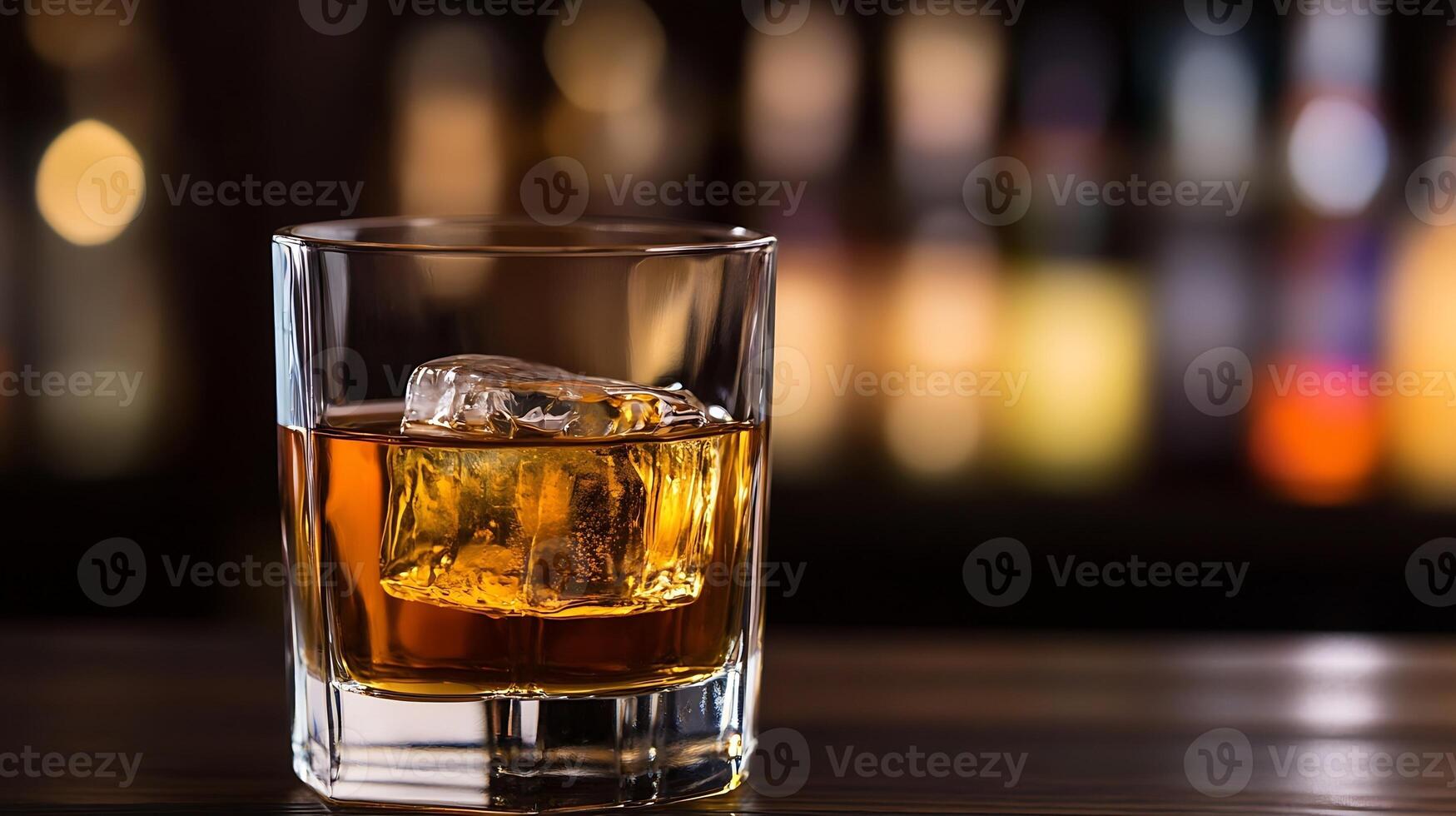 Elegant glass of whiskey with ice cubes against a blurred bar background photo