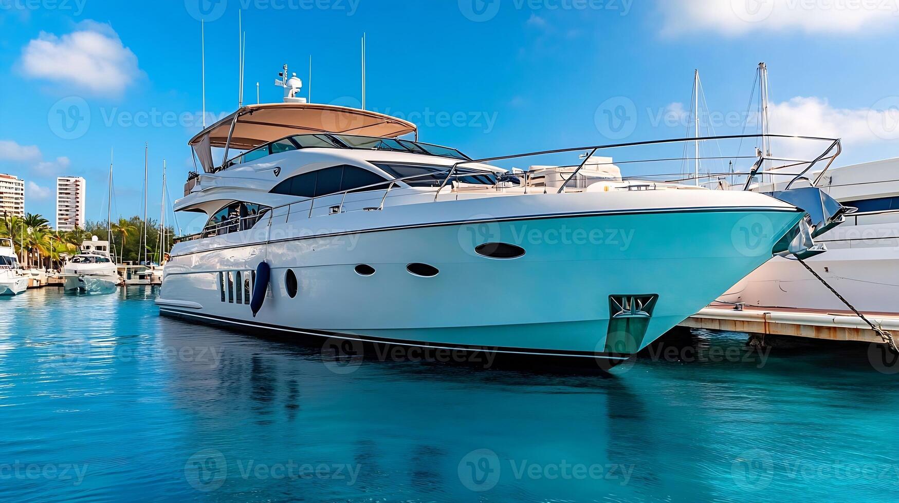Luxurious Yacht Docked in Marina on Sunny Day with Pristine Blue Waters and Clear Sky photo