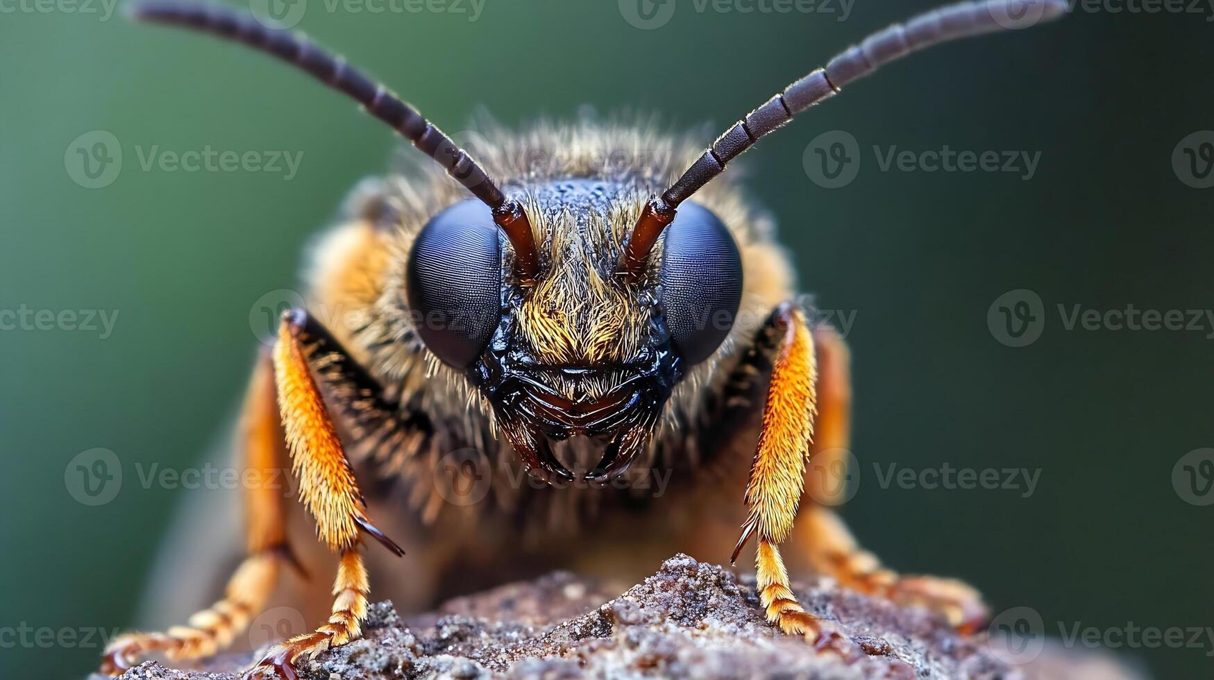 Macro view of a bee with intricate details on a rock in natural habitat photo