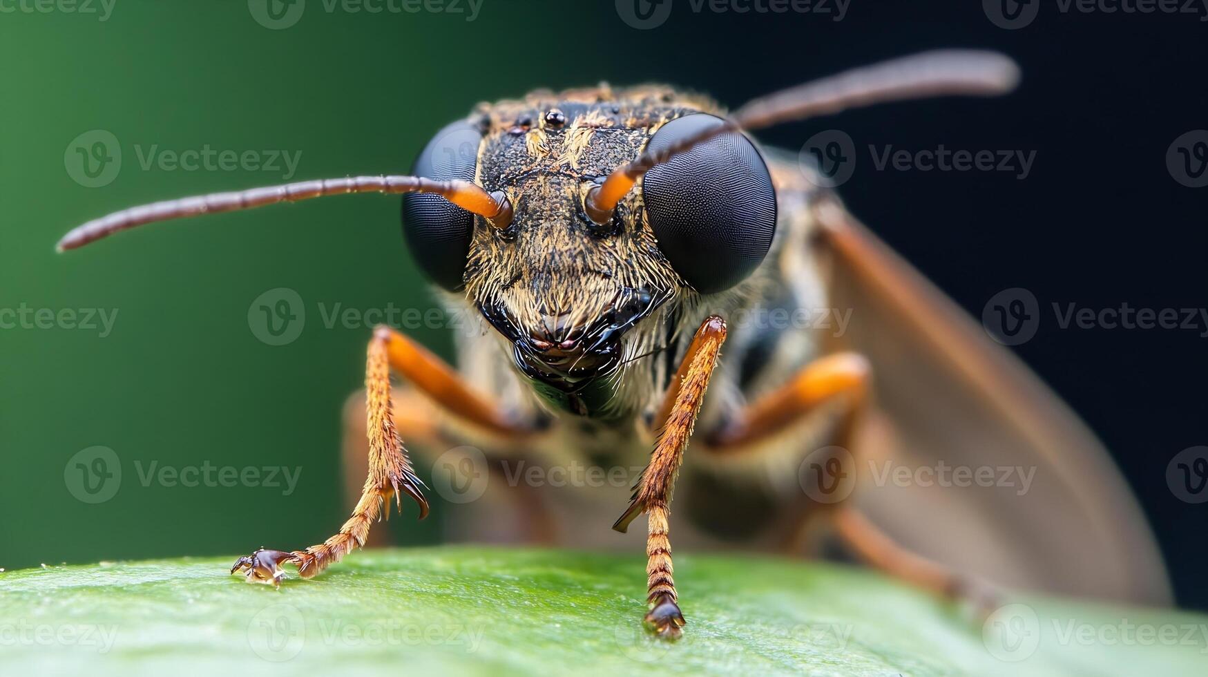 Detailed Macro Photograph of a Bee on Leaf with Vibrant Green Background photo