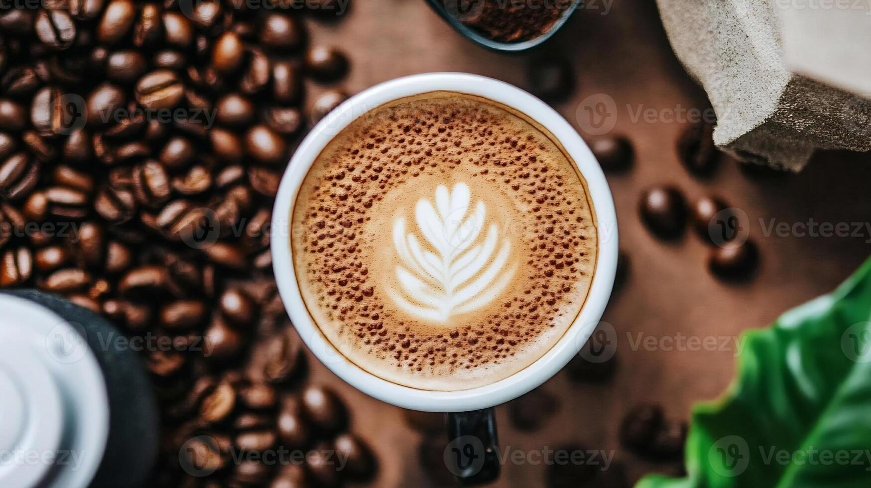 Aerial View of Steaming Latte Art in a Cup Surrounded by Coffee Beans on a Brown Surface photo