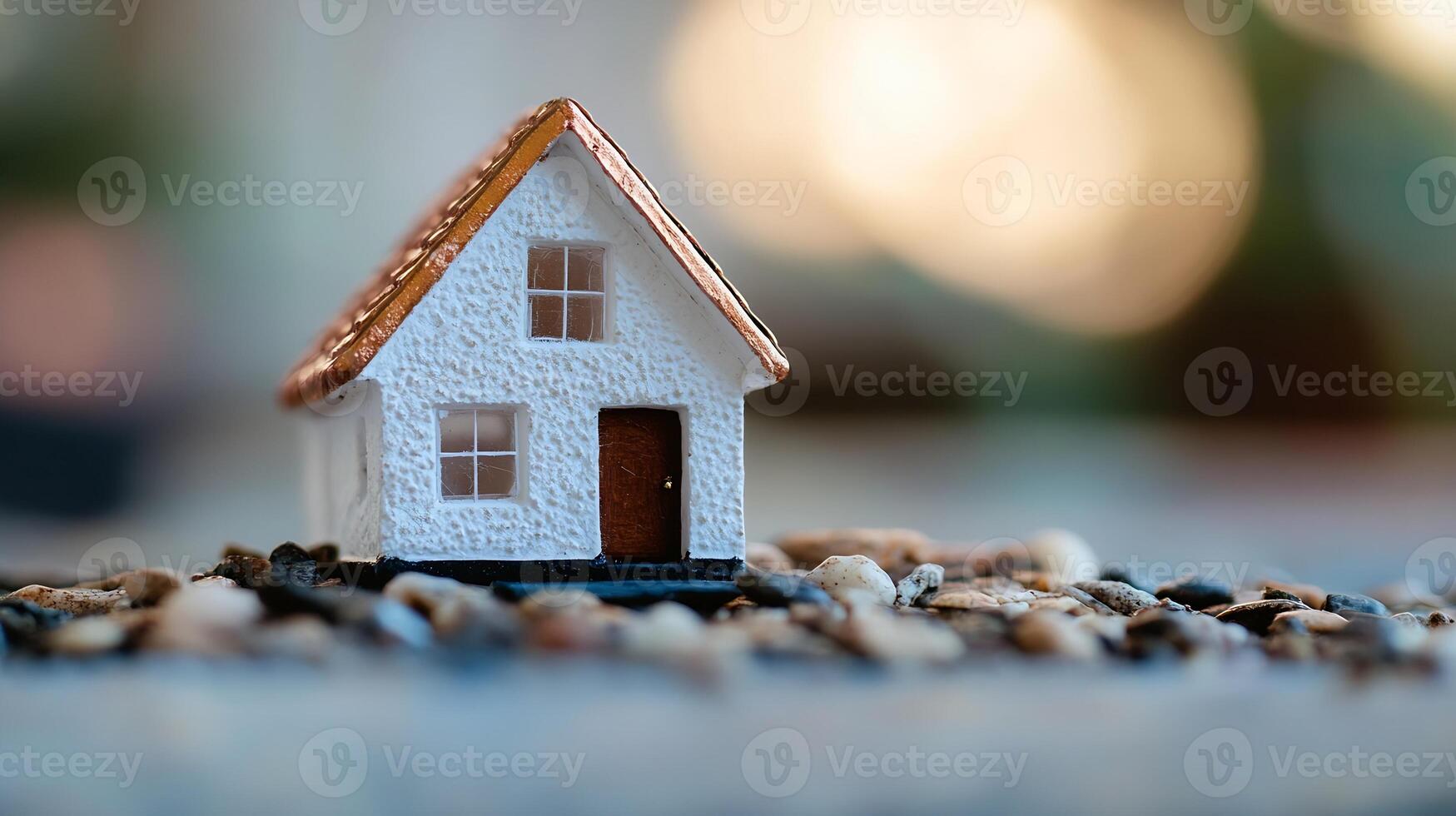 Charming Miniature House Model on Small Rocks with Warm Bokeh Background photo