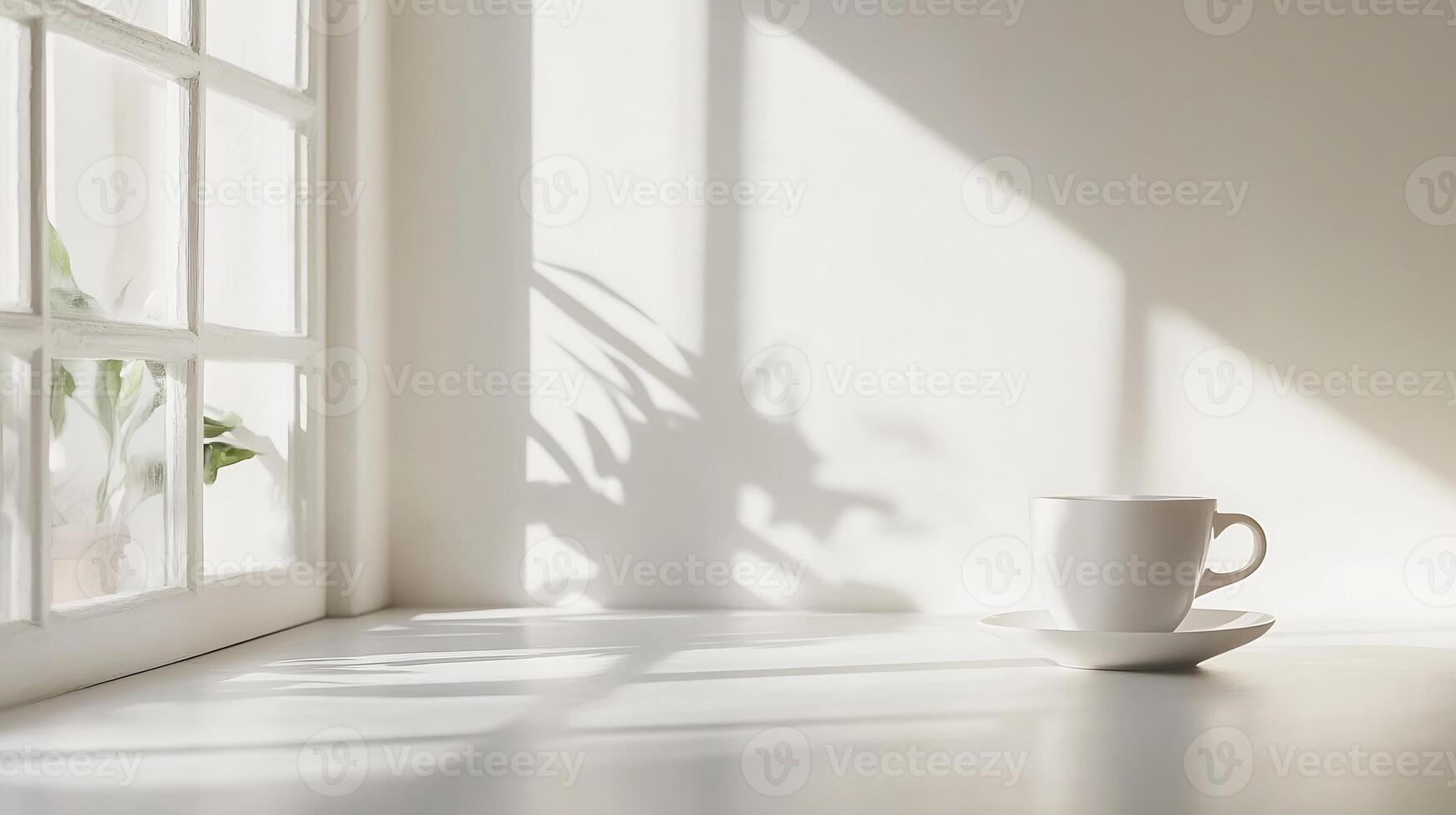 Bright minimalistic scene with white coffee cup in sunlight and window shadows photo
