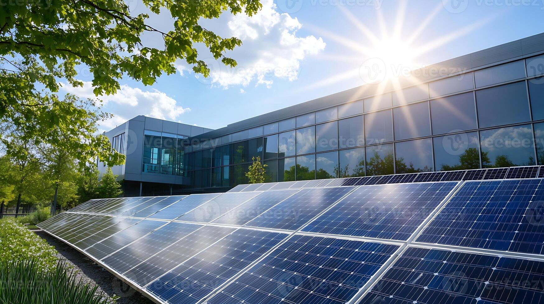 Modern Architectural Building with Solar Panels Harnessing Bright Sunlight photo