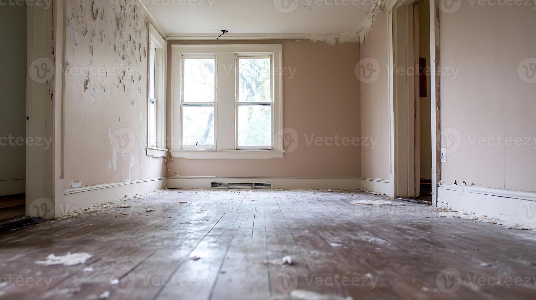 Empty Renovated Room with Wooden Floor and Sunlight Through Windows Ideal for Home Improvement photo