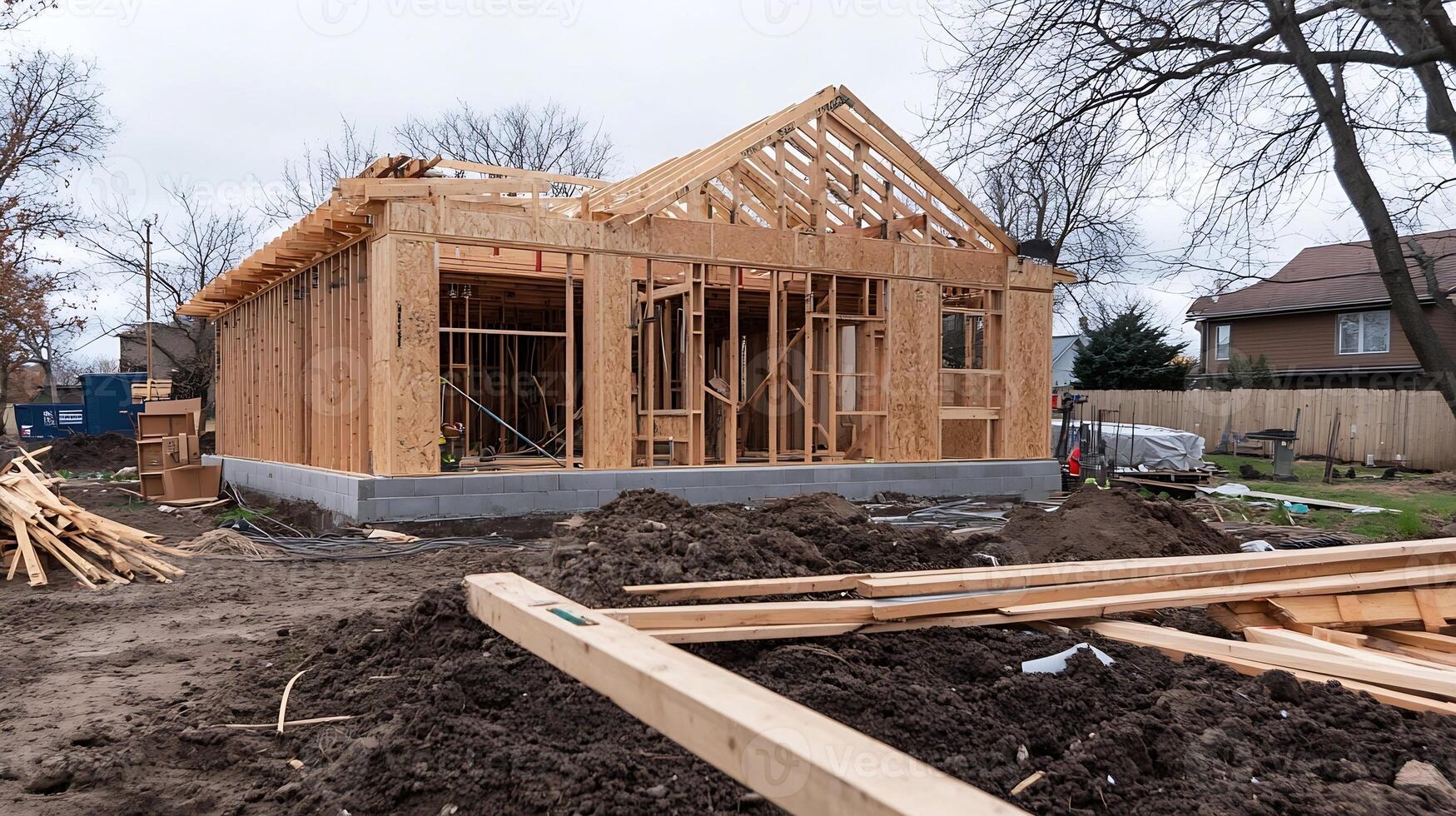 New Residential House Frame Construction in Progress with Exposed Wooden Framework and Clear Sky photo