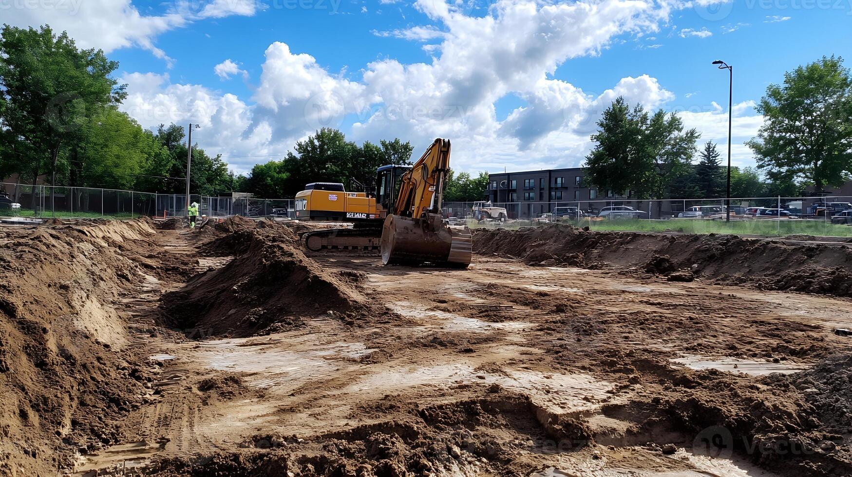 Construction Site Preparation with Heavy Machinery and Earth Excavation photo