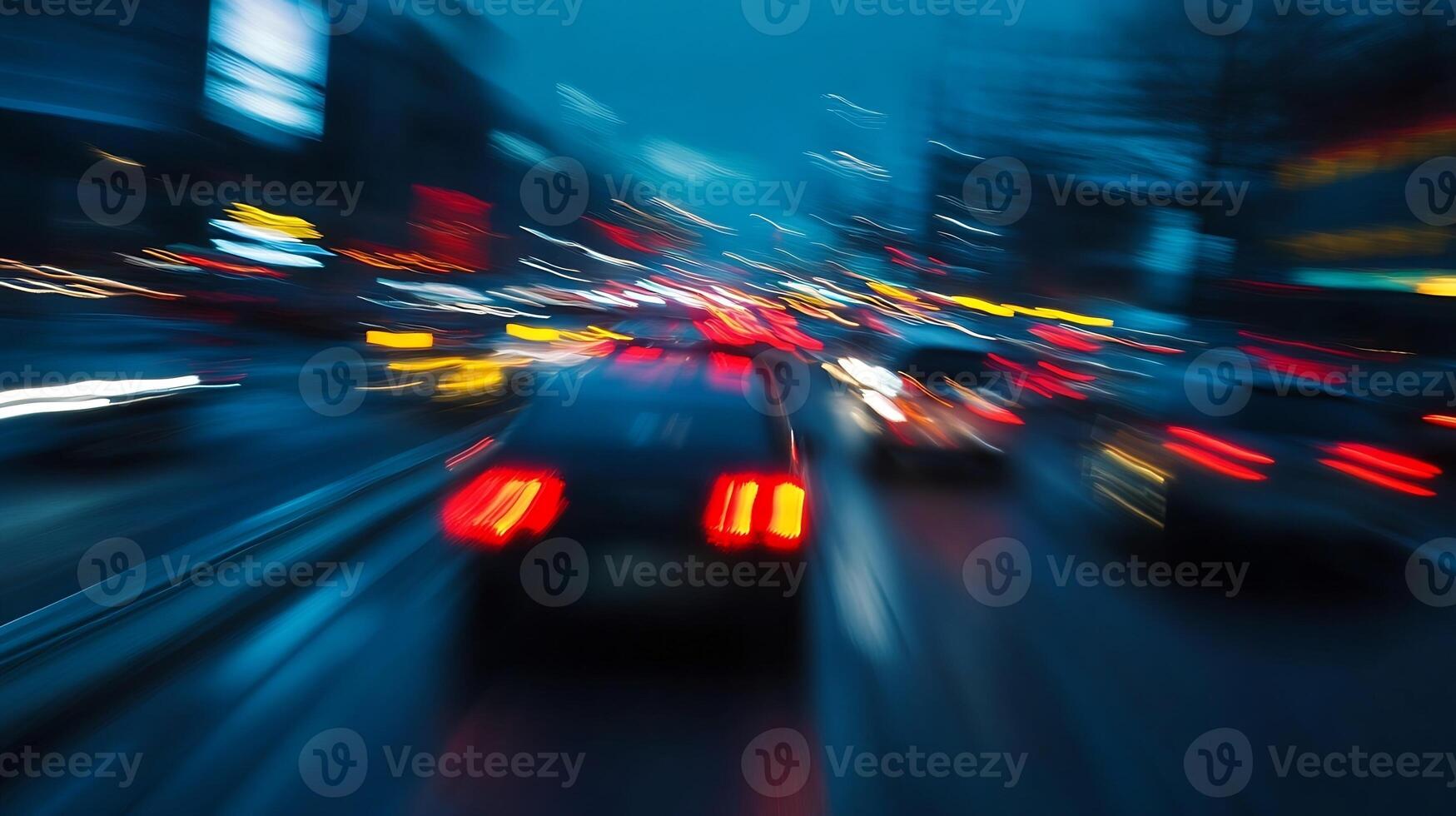 Abstract Motion Blur of Lights in Urban Night Traffic Scene with Colorful Bokeh photo