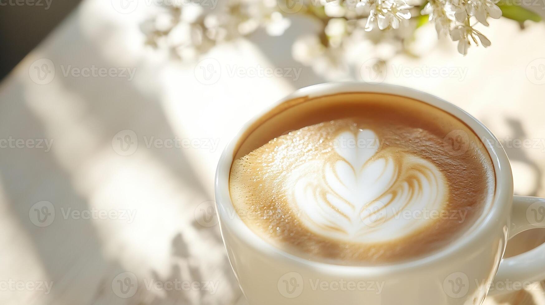 Delicate coffee latte art with heart foam design near soft floral arrangement on sunny day photo