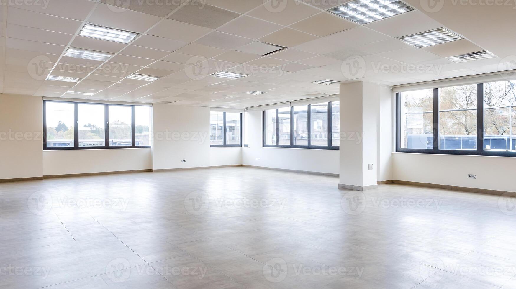 Spacious Empty Office Space with Ample Natural Light and Modern Ceiling Design photo