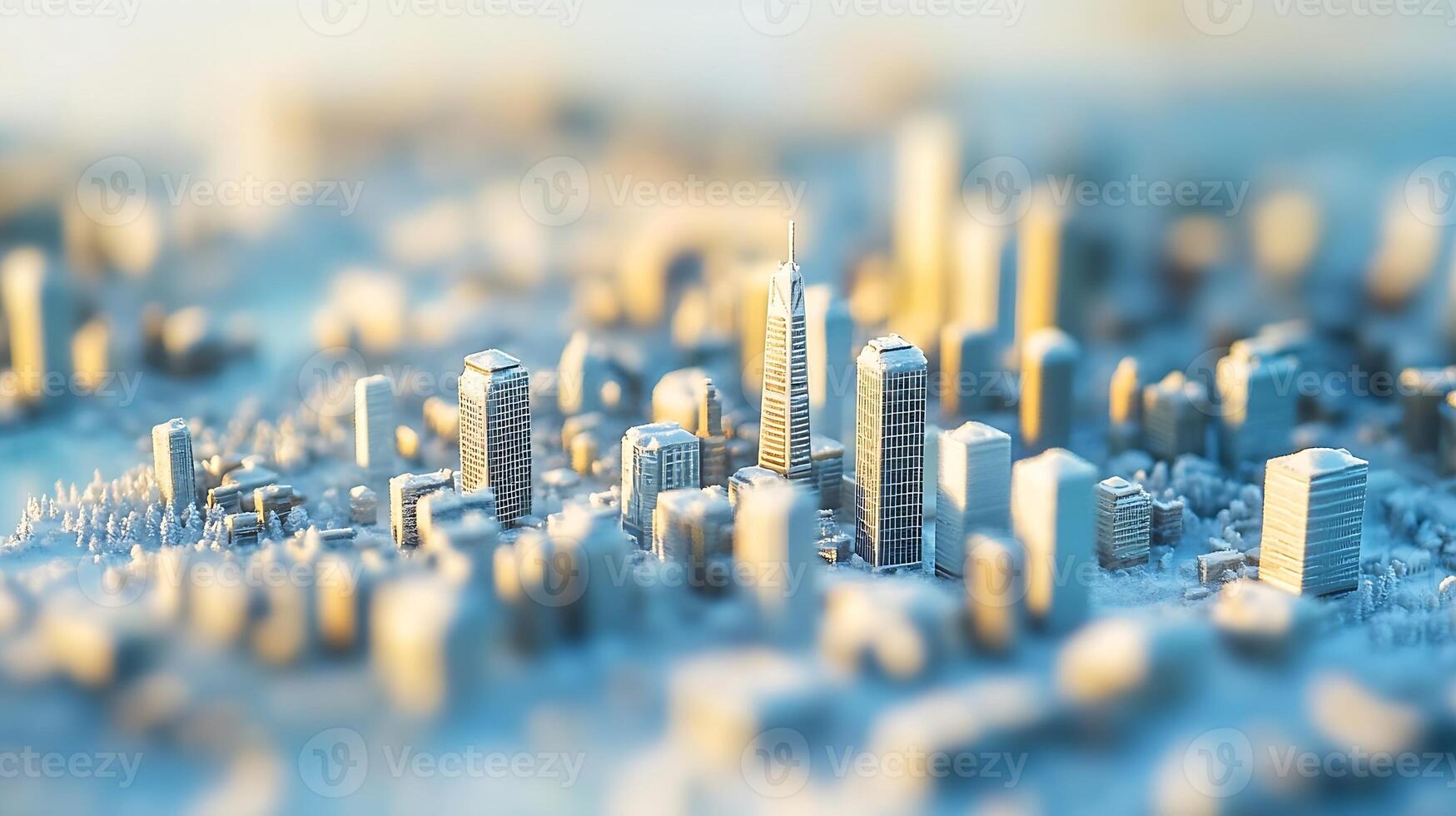 Vibrant TiltShift Aerial View of Modern Skyscrapers in Sunlit Urban Landscape photo