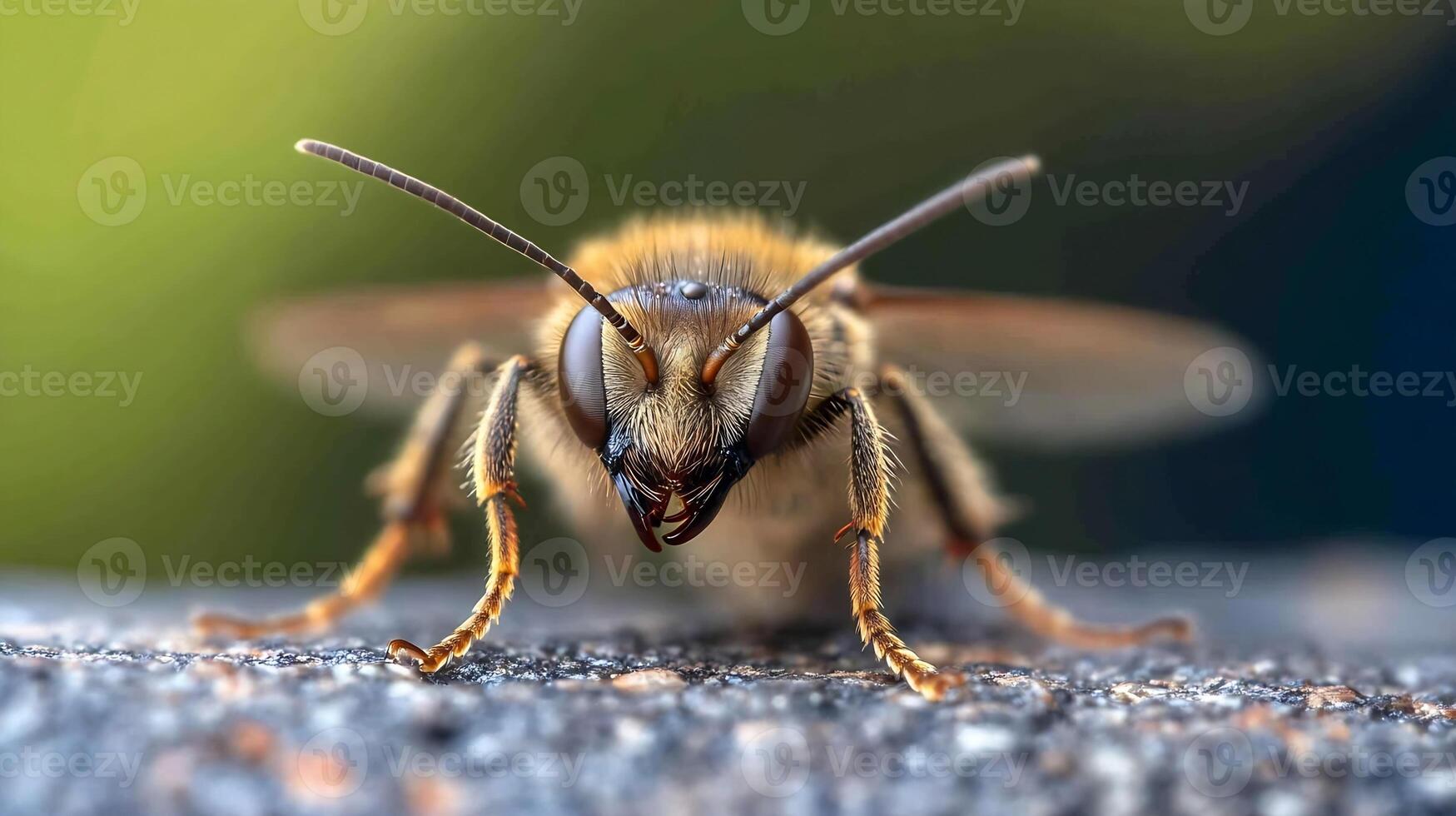Detailed close-up of a European bee foraging on natural surroundings in macro perspective photo