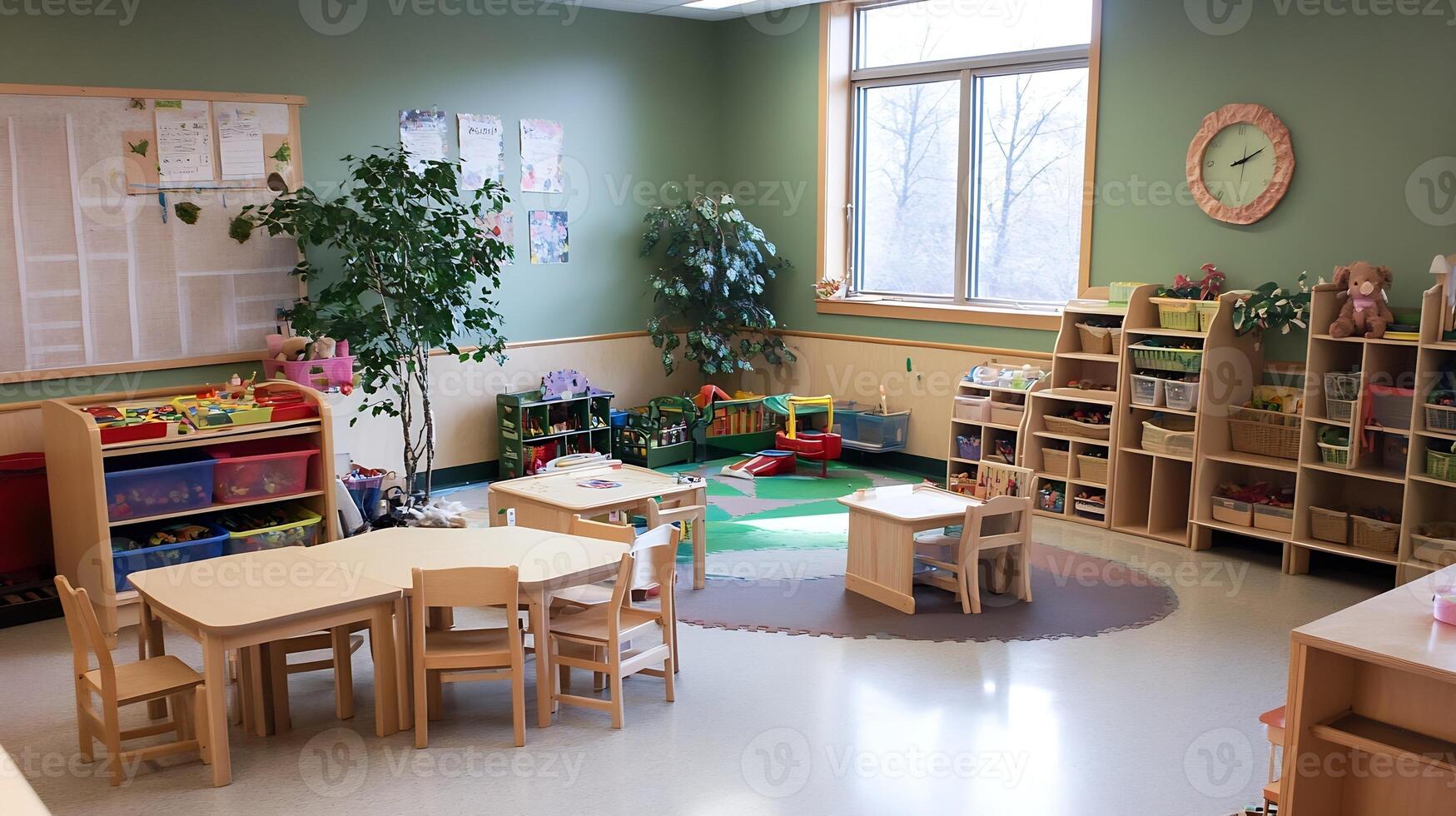 Bright and Cozy Kindergarten Classroom Filled with Wooden Furniture Educational Toys and Natural Light photo