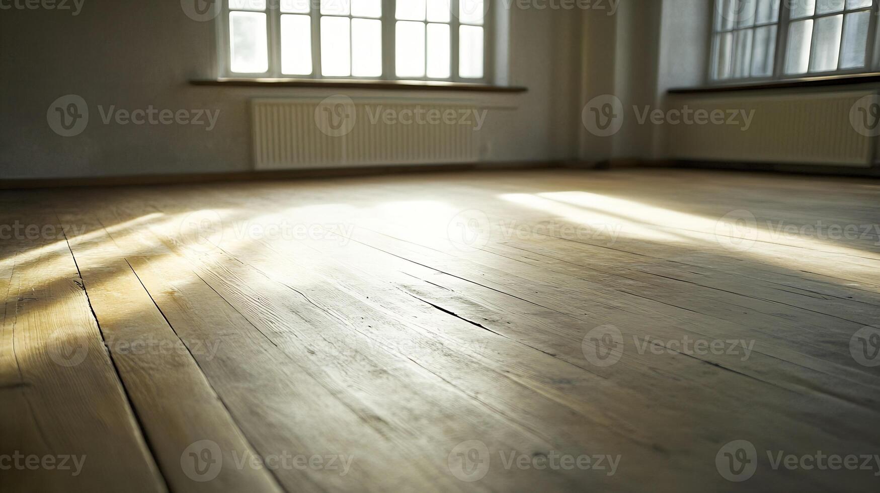 Empty Room with Light Streaming Across Wooden Floor in Modern Building photo