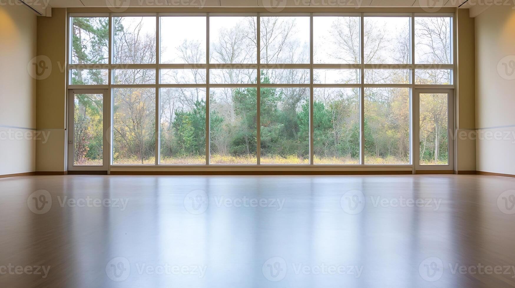 Spacious Modern Room with Large Windows Overlooking Verdant Trees and Natural Scenery photo
