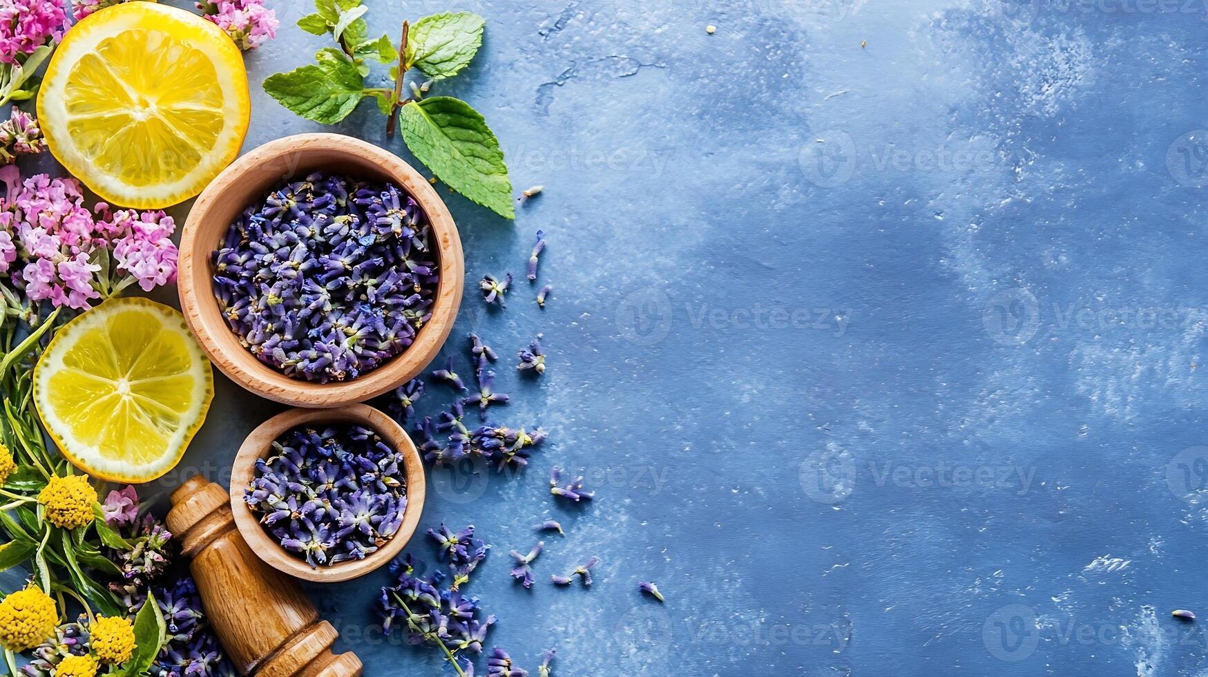 Herbal Arrangement with Lemons Lavender and Fresh Mint on Blue Rustic Background photo