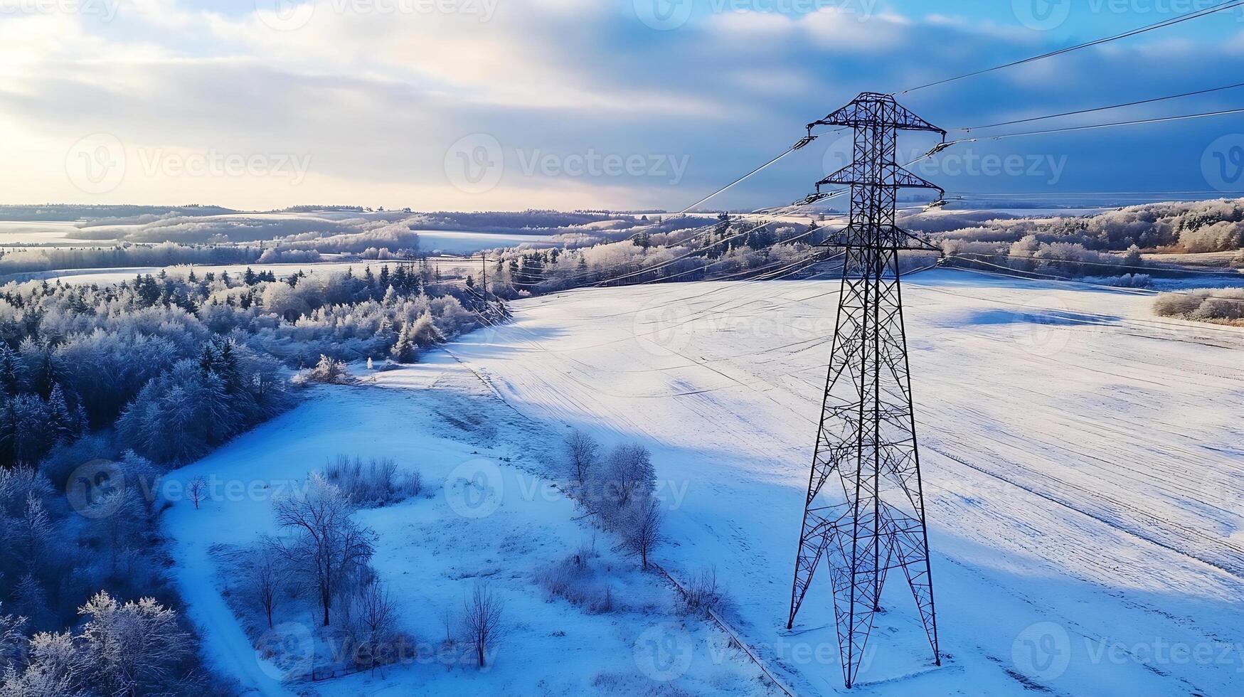 Aerial View of Frozen Winter Landscape with Power Lines and Snow-Covered Fields photo