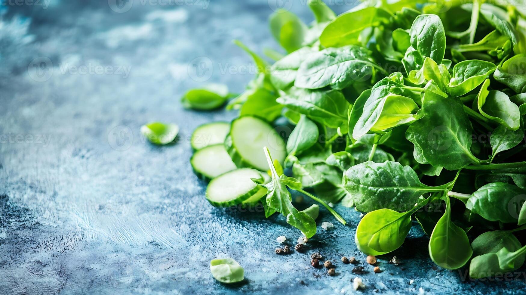 Fresh Green Spinach Leaves and Sliced Cucumber on Rustic Surface for Healthy Cooking photo
