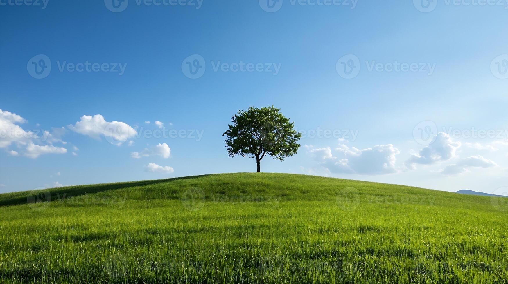 Lonely Tree on a Verdant Hill Under Clear Blue Sky and Fluffy White Clouds photo