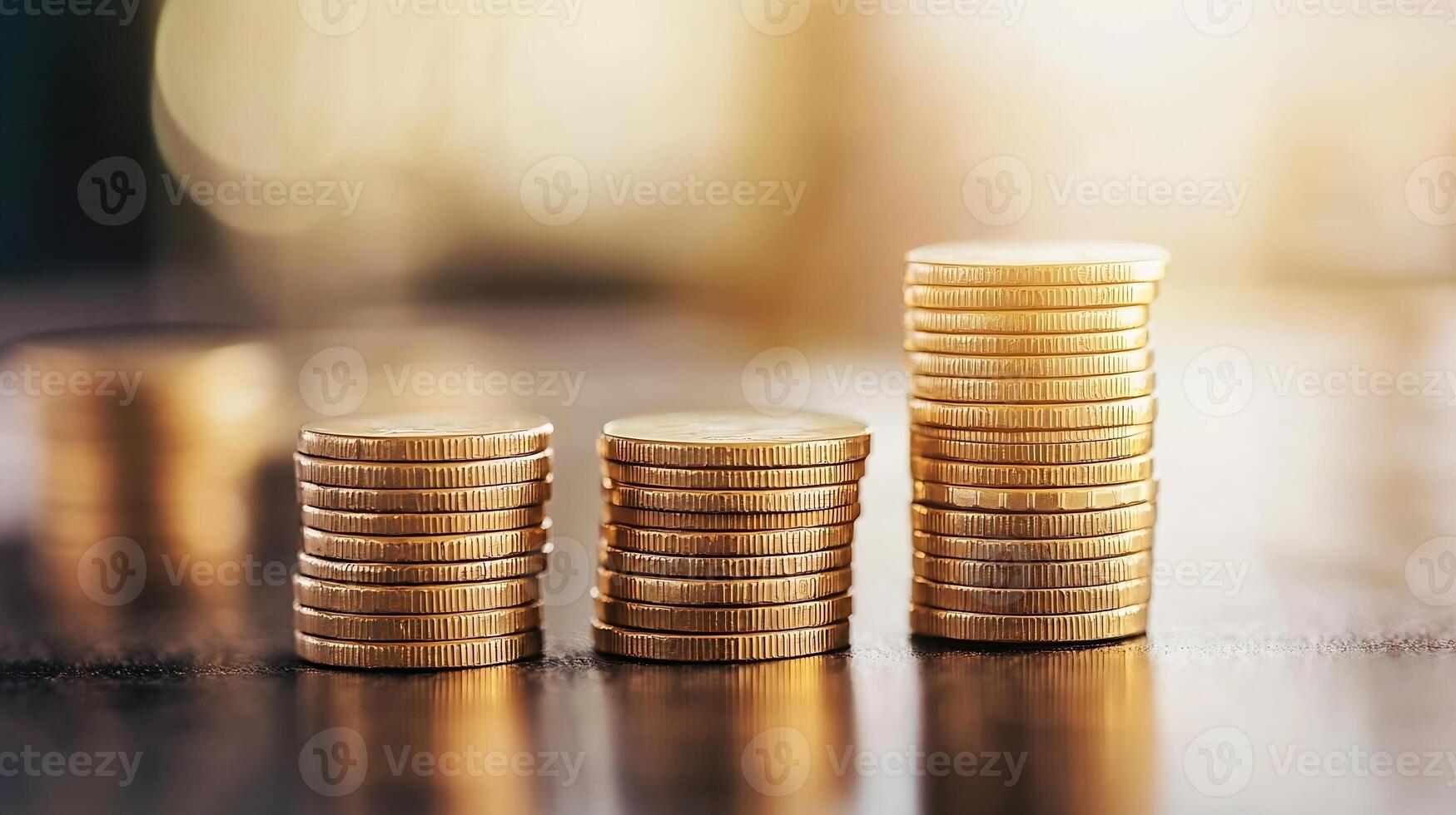 Stack Of Golden Coins Highlighted By Warm Tones On Wooden Surface photo