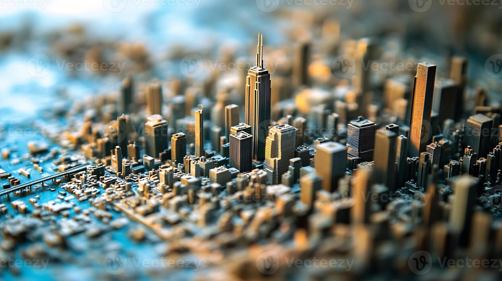 Detailed miniature model of a city with focus on skyscrapers and urban layout photo