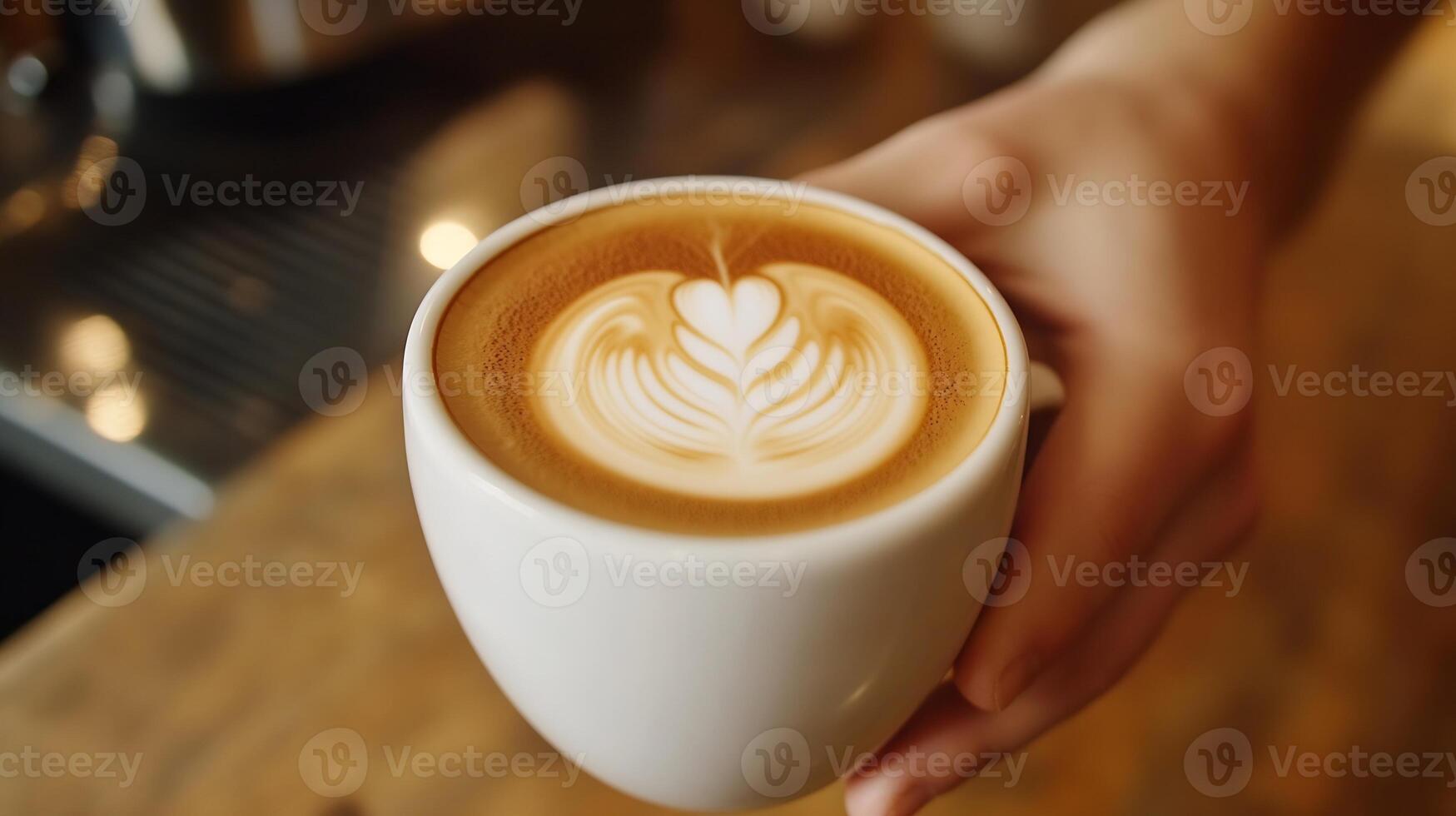 Barista holding a beautifully crafted cappuccino with intricate latte art in a cafe setting photo