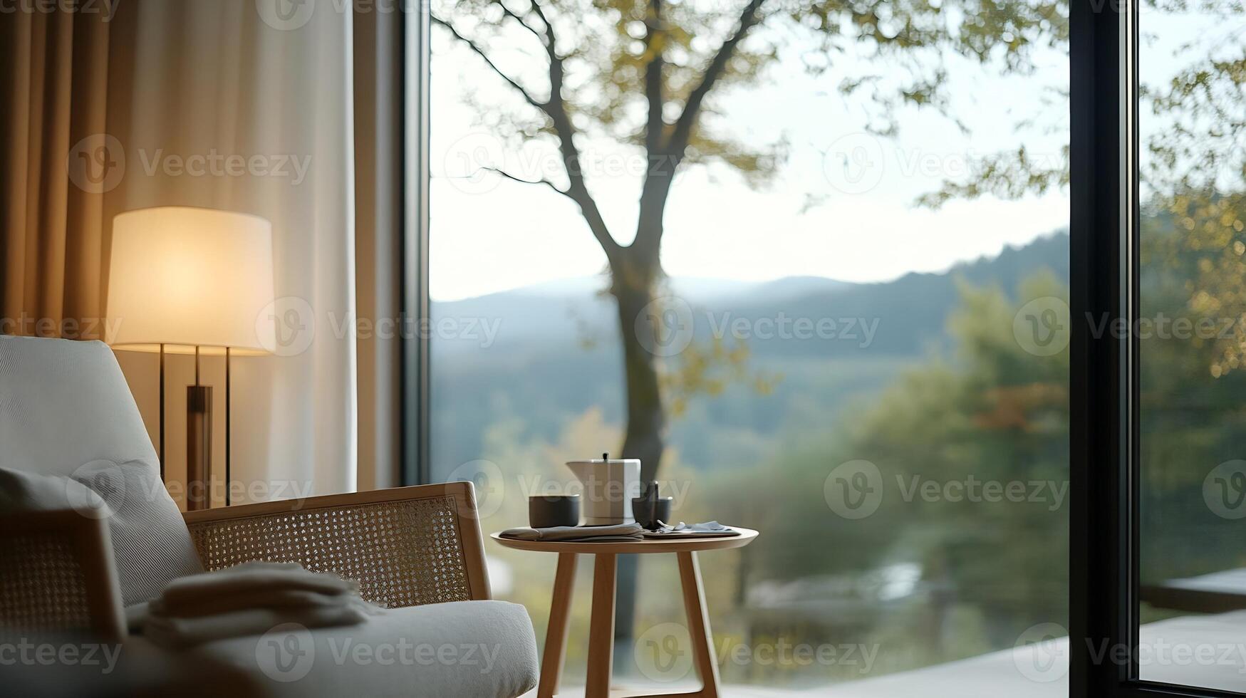 Cozy Living Room with Scenic Mountain View Through Large Window in Autumn photo