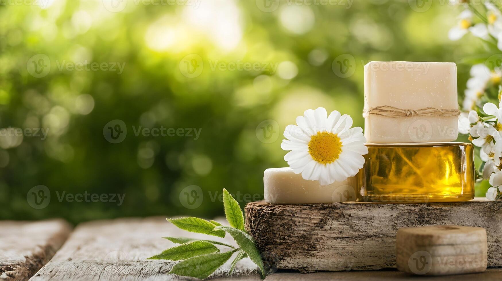 Natural Soap and Essential Oils on Rustic Wood with Chamomile Flower photo