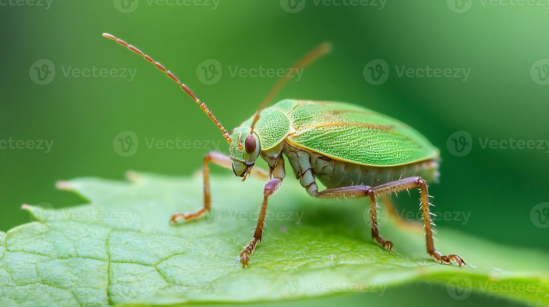 Macro Shot of Vibrant Green Insect Resting on Leaf with Natural Detail photo